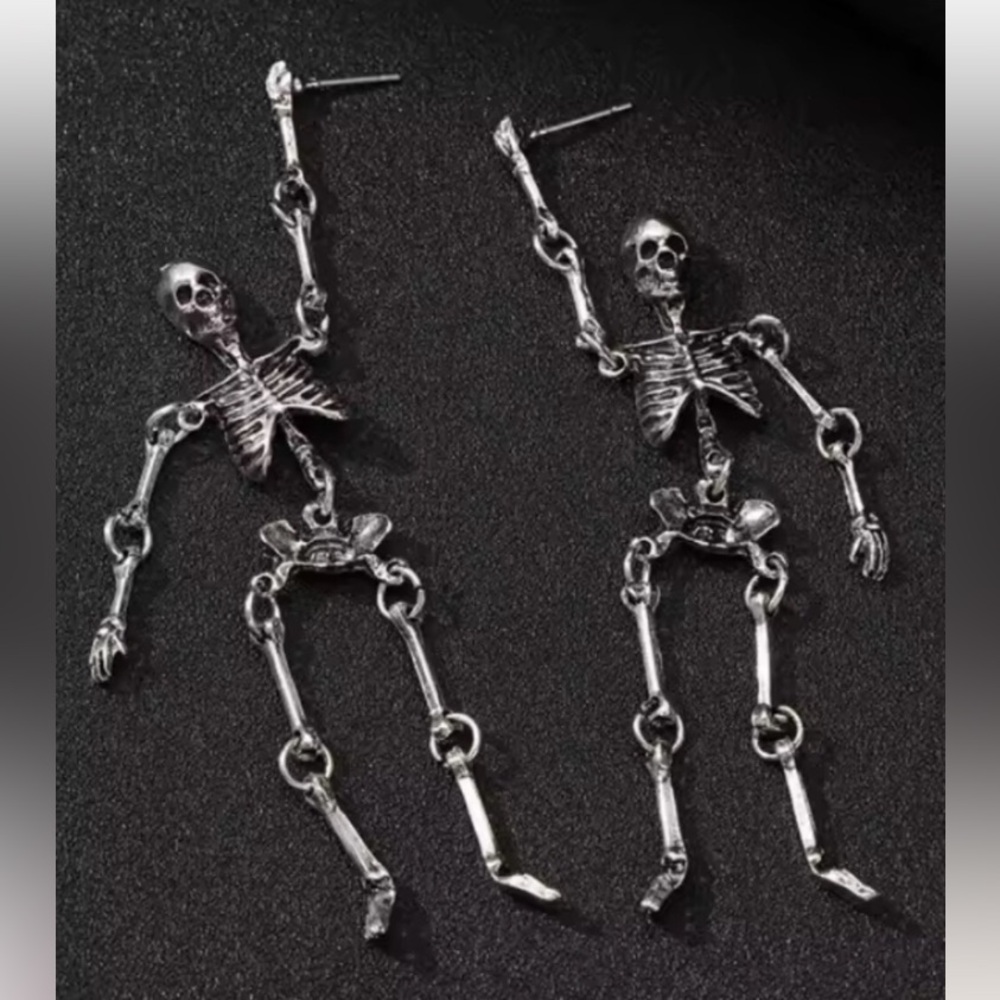 Antique 24k Gold Plated Silver Skeleton Dangle Gothic Halloween Earrings new